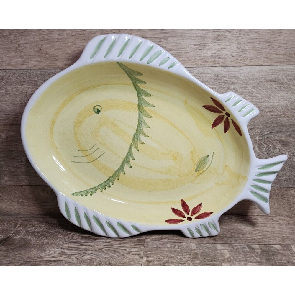 Caleca Sorrento Platter Fish Shaped Italian Pottery Serving 15x12 Hand Painted